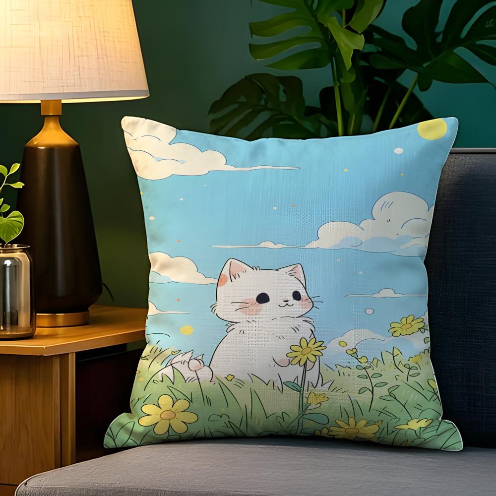 Spring Sunshine Cat Illustrations Pillow Case Natural Linen Pillow Case DoubleSided Decor Sofa Pillowcase Home Decor