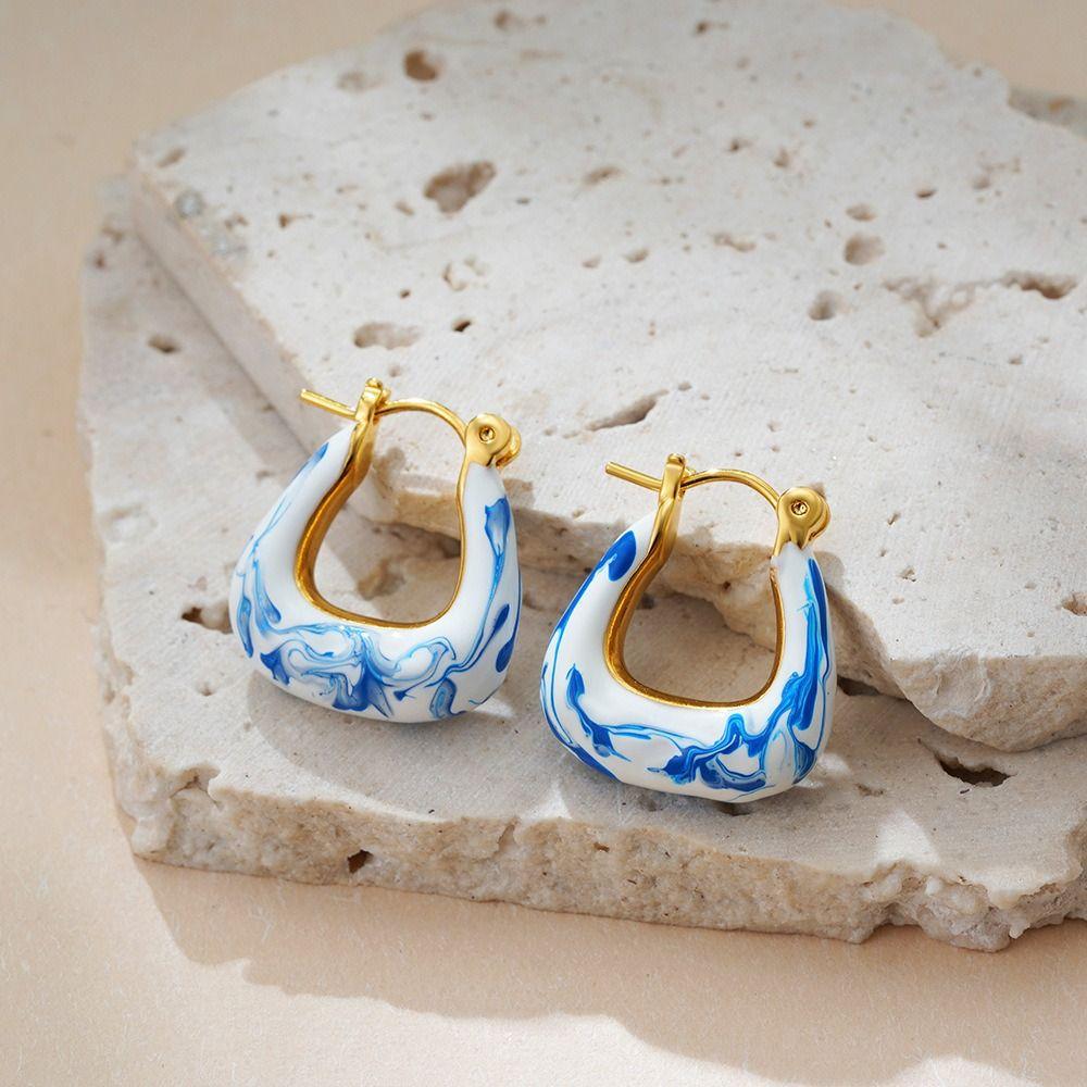 Zinc Zinc Alloy Ceramic Ear Buckle Jewelry Accessories Hoop Earrings Blue and White Porcelain Earrings  Lady