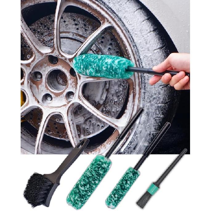 Wheel Brushes For Cleaning Wheels (4 Pro Pack)- 2X Soft Wheel Cleaning Woolies Brush, Detailing Brush And Stiff Tire Brush, Scratch Free Durable Car