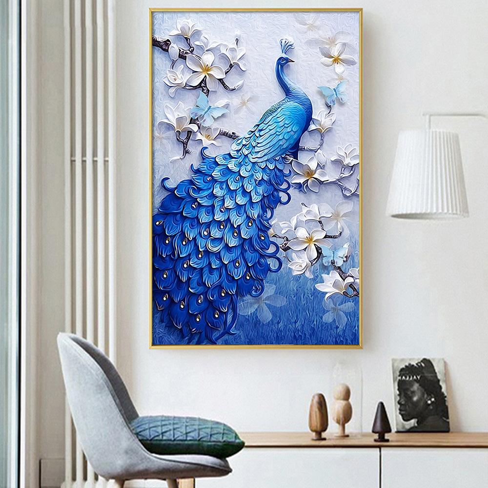 Vintage Peacock Canvas Painting Elegant Living Room Home Wall Art Decor Blue White Abstract Animal Flower Picture Poster Prints