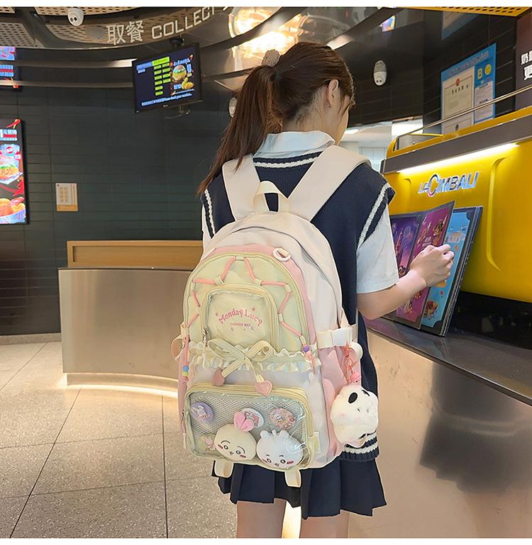 Women's Color Block College-Style Backpack with Ballet Ruffle Lace Design