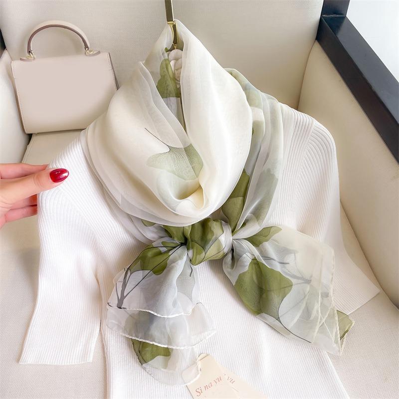 Ginkgo biloba small fresh pattern scarf silk scarf commuting light luxury imitation silk soft yarn women's large size fashion
