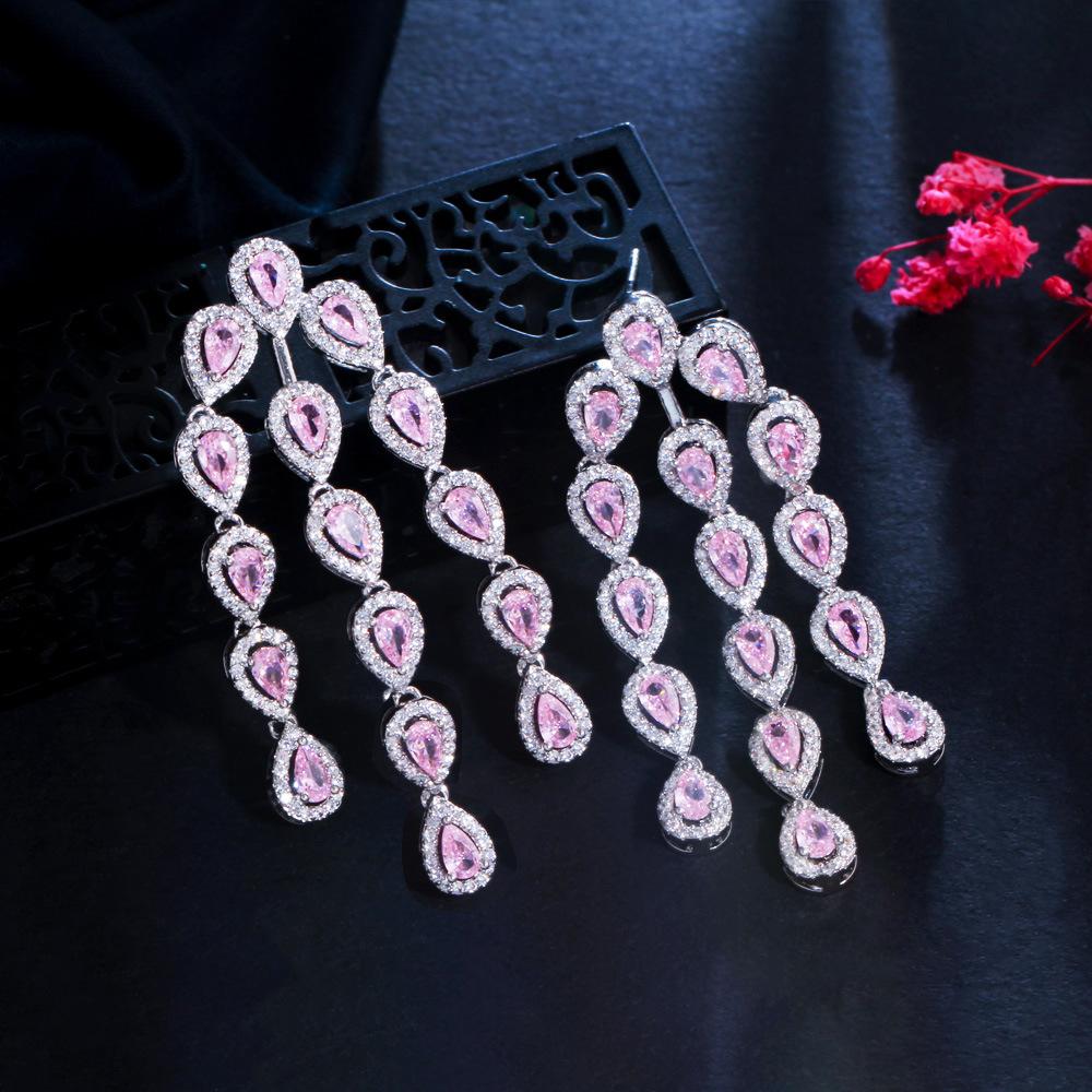 Needle Temperament Earrings Heavy Industry Micro-Inlaid Zircon Pink Diamond Water Drop Earrings Fringed Earrings
