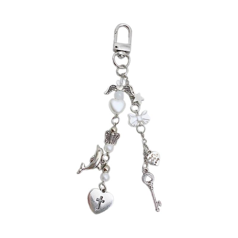 Cute and Eye catching Heart Keychain with Lovely Butterfly and Guitar Bass Delicate Beaded Phone Lanyard Accessory 1