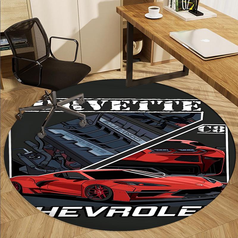 Chevrolet Corvette Desenli Yuvarlak Halı, İç/Dış Mekan Paspası, Piknik, Oyun Odası, Yatak Odası, Ofis, Oturma Odası, Ev Dekorasyonu Halısı, Doğum Günü Hediyesi