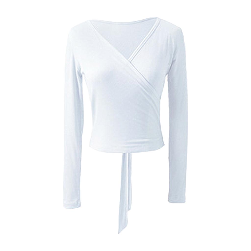 Women Solid Color V Neck Long Sleeves Straps Back Stretchy Crochet Dance Tops Gym Yoga Ballet