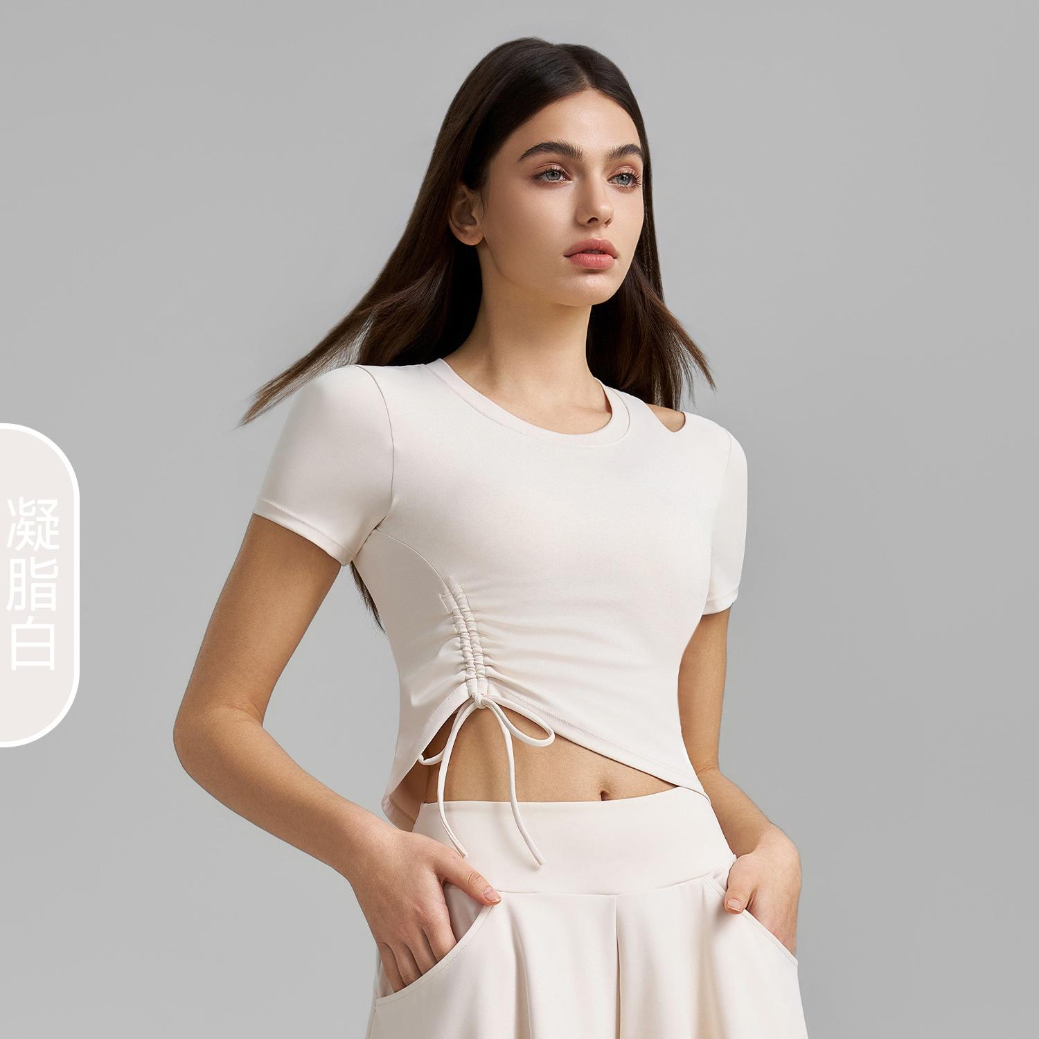 Sports T-shirt Fixed Cup Yoga Clothing Tight Shoulder Hollow Sexy Pleated Drawstring Fitness Clothing Women S