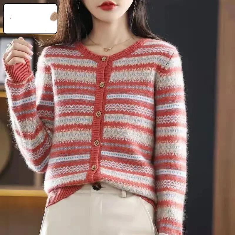 Women's Knitted Cardigan Sweater Autumn and Winter Stripes Lazy Style Women's Sweater