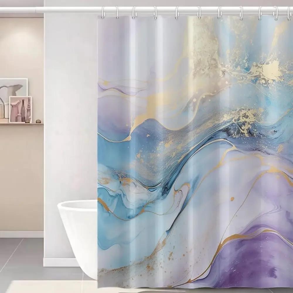 Blue Shower Curtain, Marble Shower Curtain for Bathroom Stall RV Watercolor Abstract Waterproof Fabric Shower Curtain Set