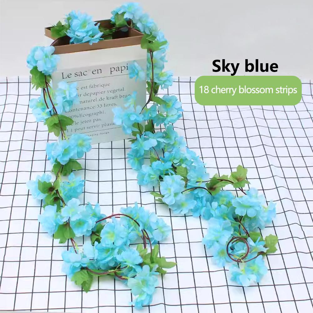 2pcs Artificial Cherry Blossom Flower Vines, Fake Cherry Blossom Flower Hanging Plants for Home Garden Wall Fence Wedding Decor небесно-голубой