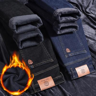 Winter Fleece-Lined Denim Trousers for Men Loose-Fit Straight-Leg Stretch Men's Thickened Warm Long Trousers