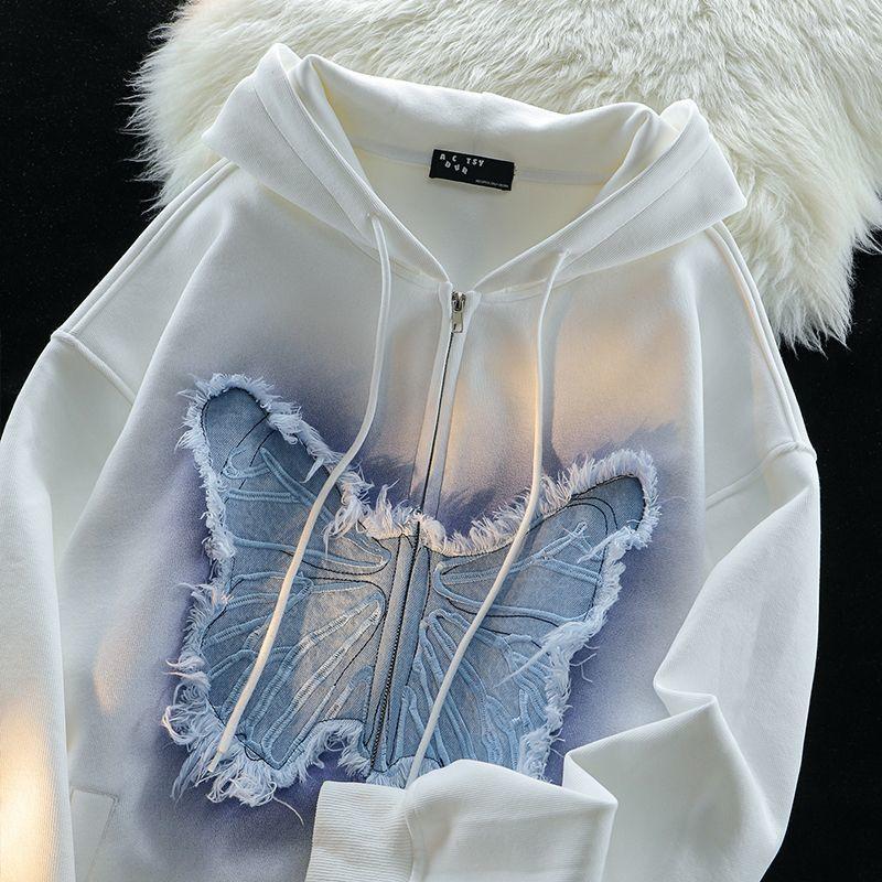 

Весенне-осенняя женская мода кардиган с капюшоном и нашивкой «бабочка» S белый