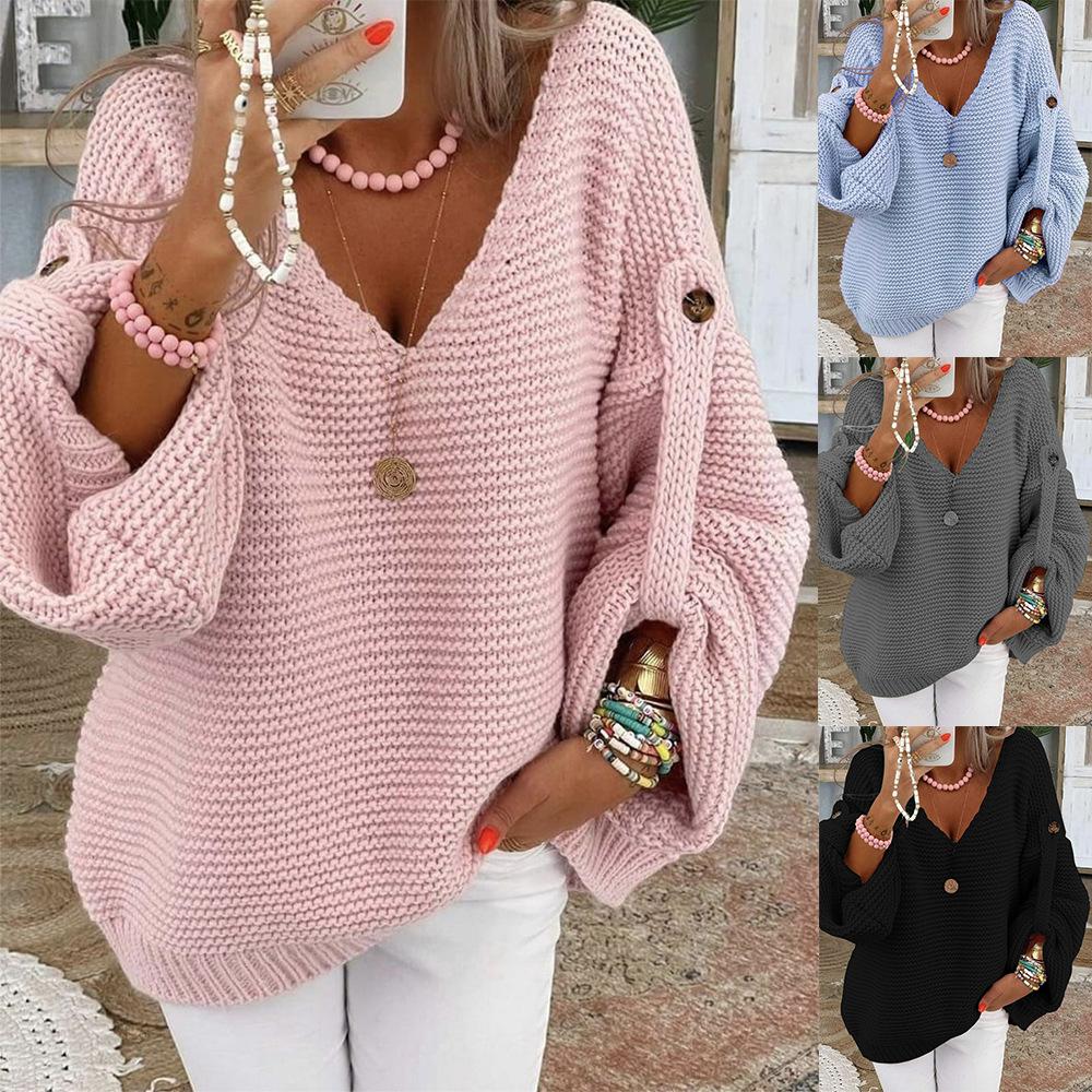 Women's V-Neck Knit Sweater with Button Cuffs in Pink, Blue, Gray, Black