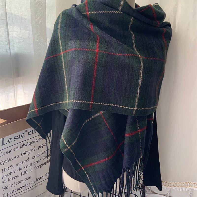 Customized fringed plaid scarf women's autumn and winter thickened warm scarf imitation cashmere retro British knitted scarf