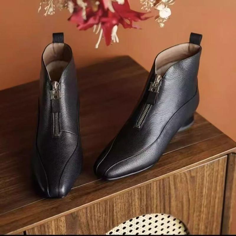 Leather Ankle Boots Women - French Style Zip Front Fashion Boots Slip-Resistant Plush Lined Winter Warm Shoes