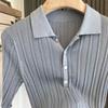 Damen Grau Geripptes Strick-Poloshirt Kurzarm Figurbetont Lässig Bluse