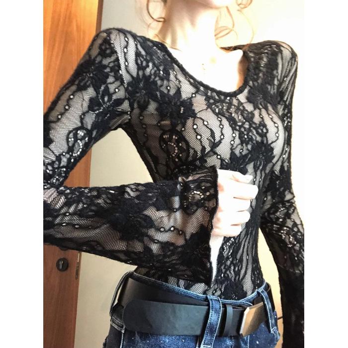 

Женский облегающий топ с кружевом - Универсальный вязаный стиль для осени/зимы Small чёрный