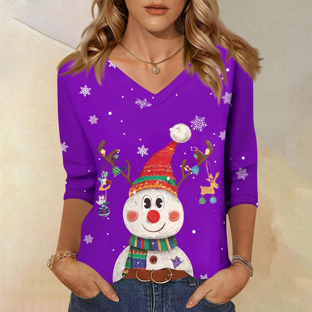 3/4 Sleeve Shirts For Women Print Christmas Tees Blouses Casual Plus Size Basic Tops Pullover