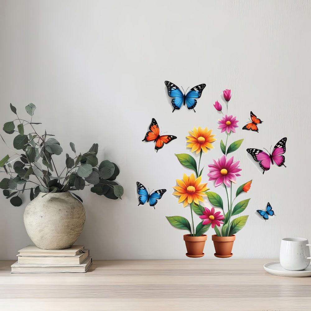 Self-adhesive Creative Colorful Butterflies Flowers Potted Plant Wall Stickers for Living Room TV Bedroom Headboard Home Decor
