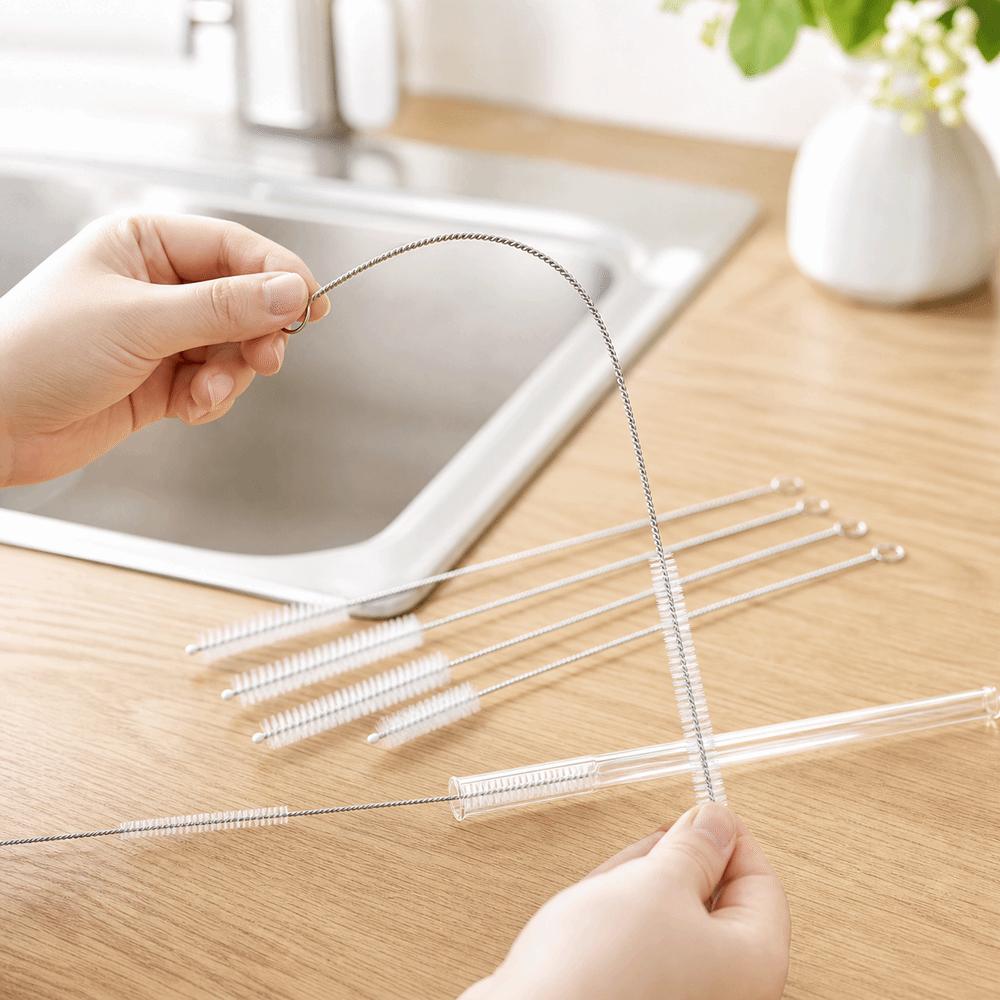 5pcs Soft Hair Straw Bottle Cleaning Brushes Stainless Steel Handle Bottle Cleaning Brush Kitchen