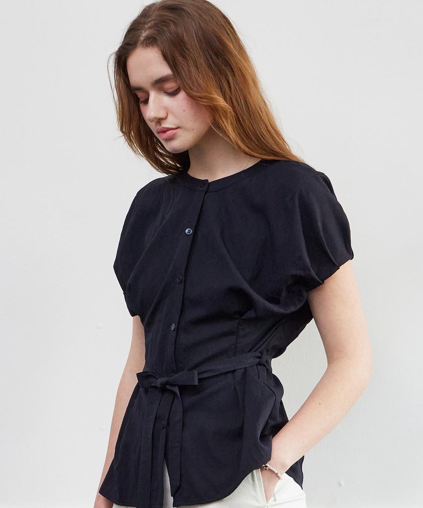 ITOV SEOUL Cocoon Sleeve Belted Blouse Navy