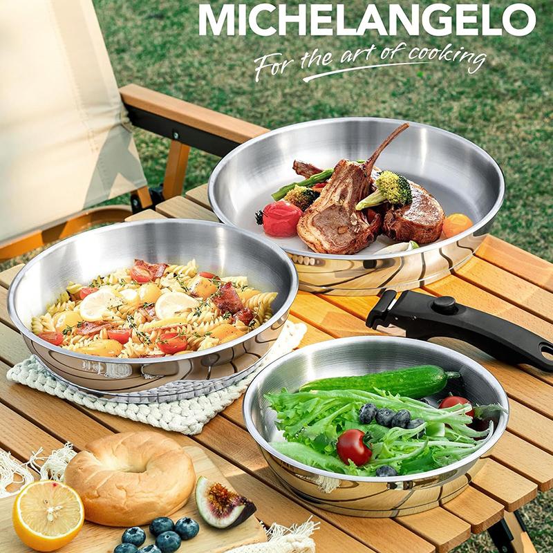 MICHELANGELO Stainless Steel Frying Pan Set 8" & 9.5" & 11" Kitchen Cooking Pans with Removable Handle Induction Compatible
