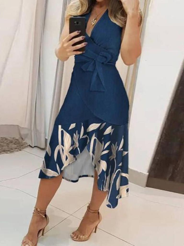 Abito con Scollo a V e Stampa Floreale Vestibilità Aderente Vita Alta Abito Asimmetrico Elegante Abiti Senza Maniche Casual Donna