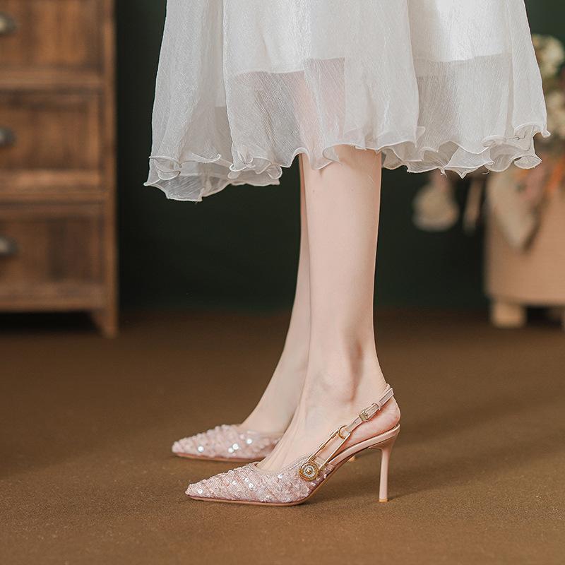 Autumn and summer new French pointed pink rhinestone sequins stiletto light mouth sandals high heels fashion shoes
