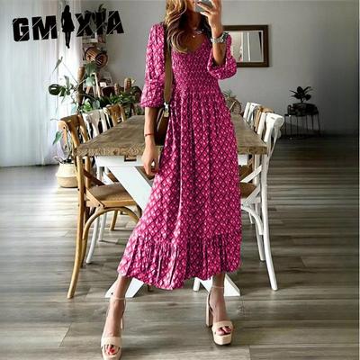 Autumn Fashion Women's Long Skirt Green Printed Patchwork Dresses