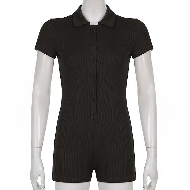 

Polo Collar Sports Casual Knitted Breasted Rib Short Sleeve Black S