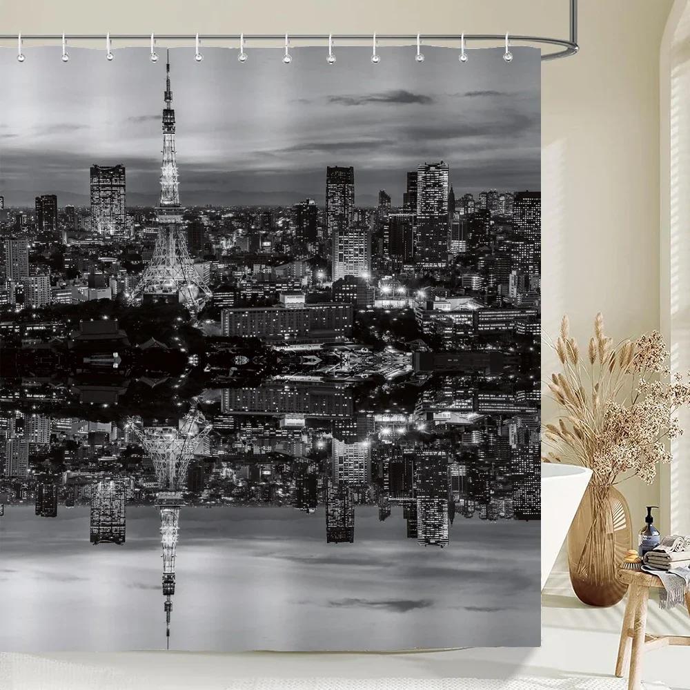 Zasłona prysznicowa Pejzaż nocny Nowego Jorku Miasto Most Budynek Zasłony do kąpieli 3D Retro Czarno-białe zdjęcie Dekoracje łazienkowe Zasłona