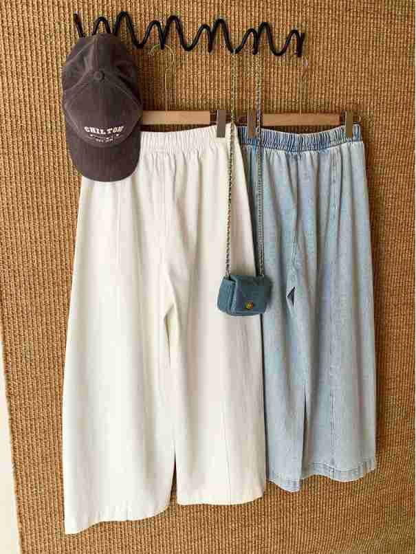 Ting Lan White Cow Elastic Loose Wide-Leg Slimming Casual Nine-Point Pants