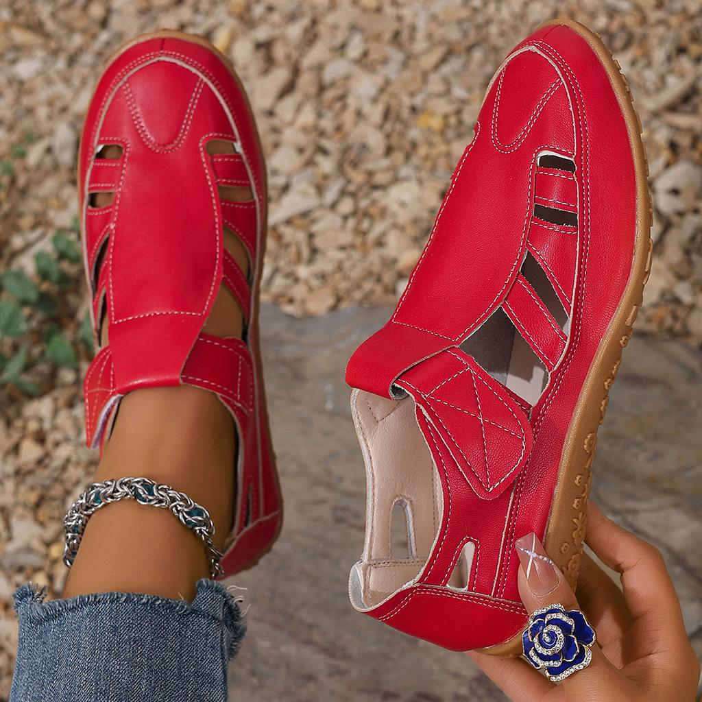 Women Casual Sandals Summer Genuine Leather Hollow Flat Sandals Comfortable Round Head Closed Toe Beach Shoes Sandalias De Mujer