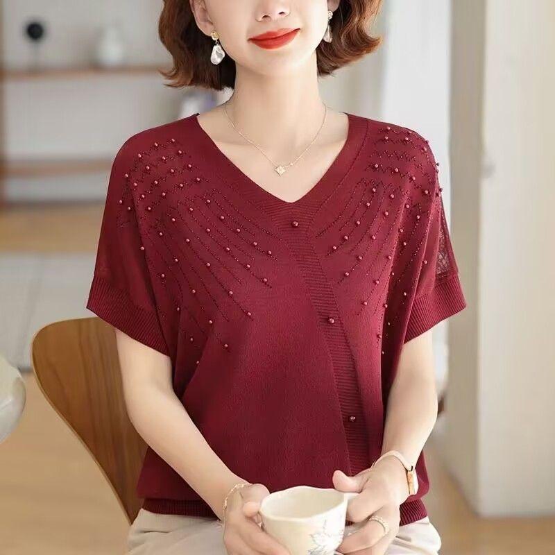 

Летняя вязаная футболка для женщин среднего и пожилого возраста, женская одежда, футболка с рукавом «летучая мышь» 3XL красный