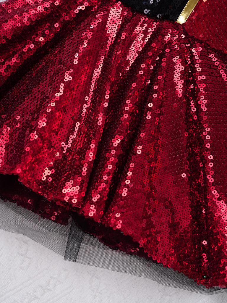 Girls Red Dress Round Neck Sleeveless Shiny Sequins Adorned Leotard Jumpsuit Performance Costume