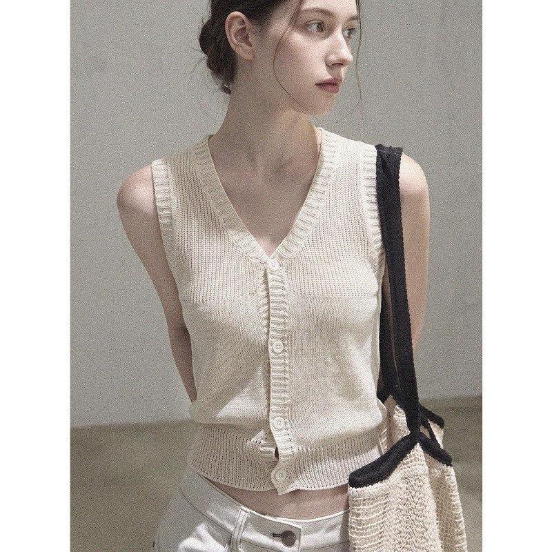 apricot v-neck knitted cardigan vest top women's summer sleeveless vest small short wear vest outside