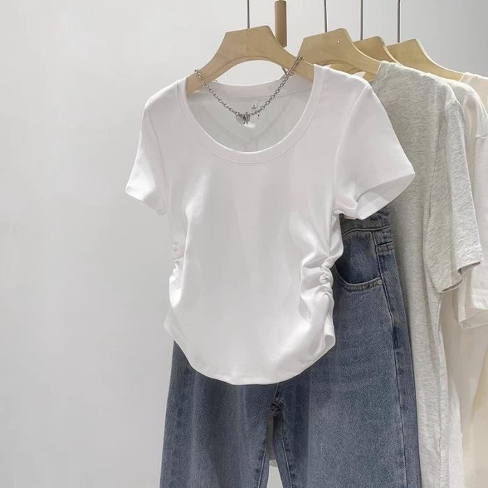 Special White T-Shirt Women's Waist Slim Spice Girl Top Summer Niche Design Sense Pleated U-Neck Exposed Clavicle Short Sleeve
