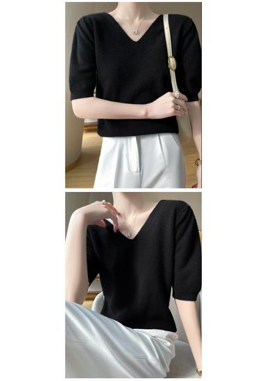 Tricou de bază pentru femei, cu gât în V, tricotaj larg din lână pură, cu mânecă scurtă, din cașmir