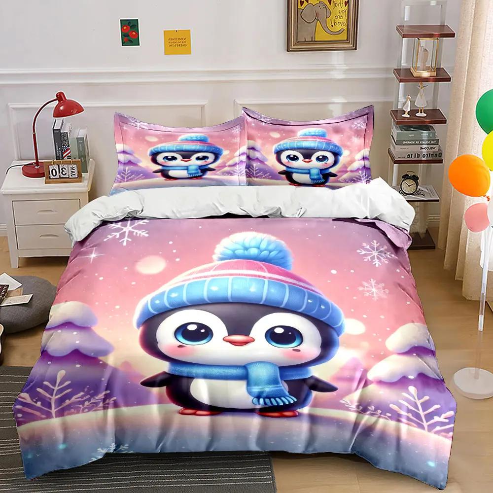 Cute Penguin Winter Decor Set Bedding Set with 1 Duvet Cover 2 Pillowcases Single Double King Queen Gift