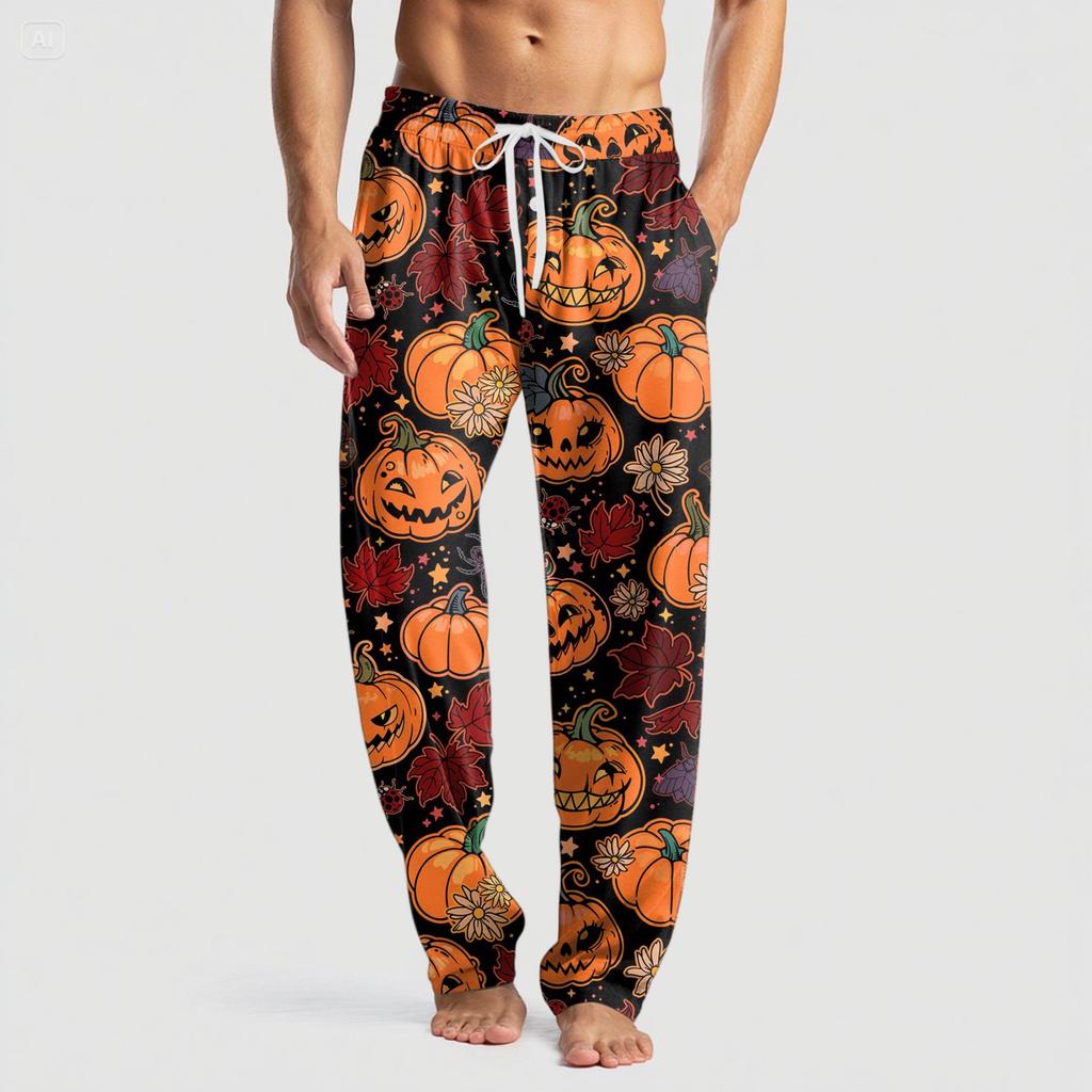 Men's Knitted Halloween Print Pocket Casual Pants Pajama Pants