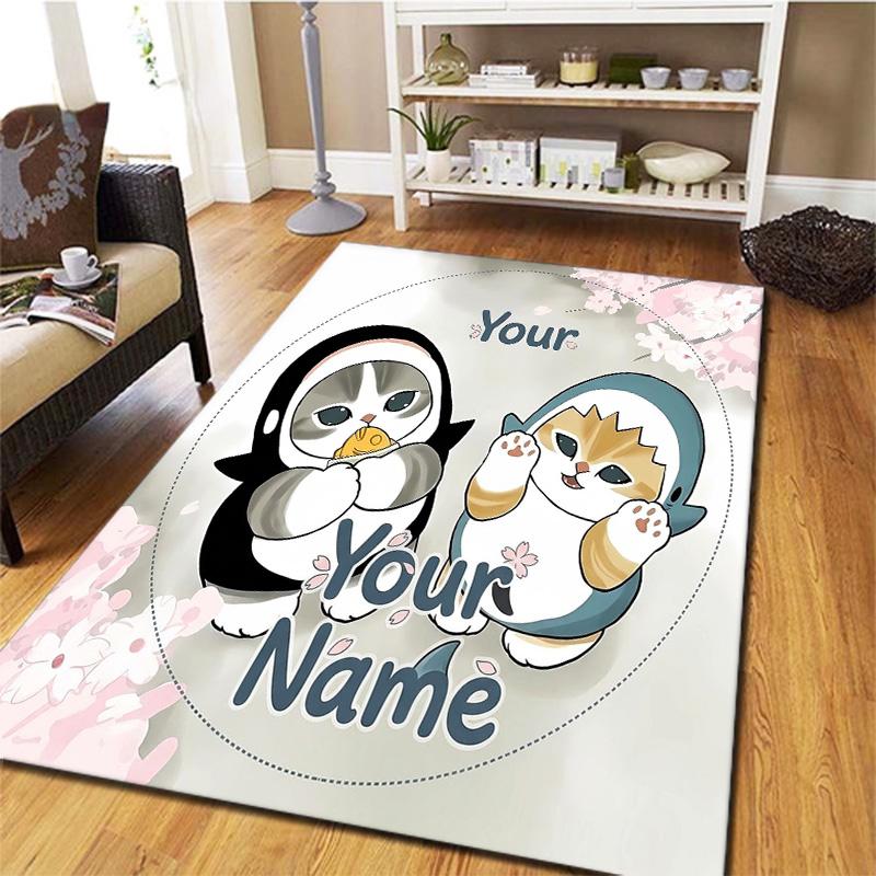 Penguin Cats Adventure Custom Name Carpet Rug For Living Room Bedroom Home Sofa Decoration Kids Play Nonslip Floor Mat