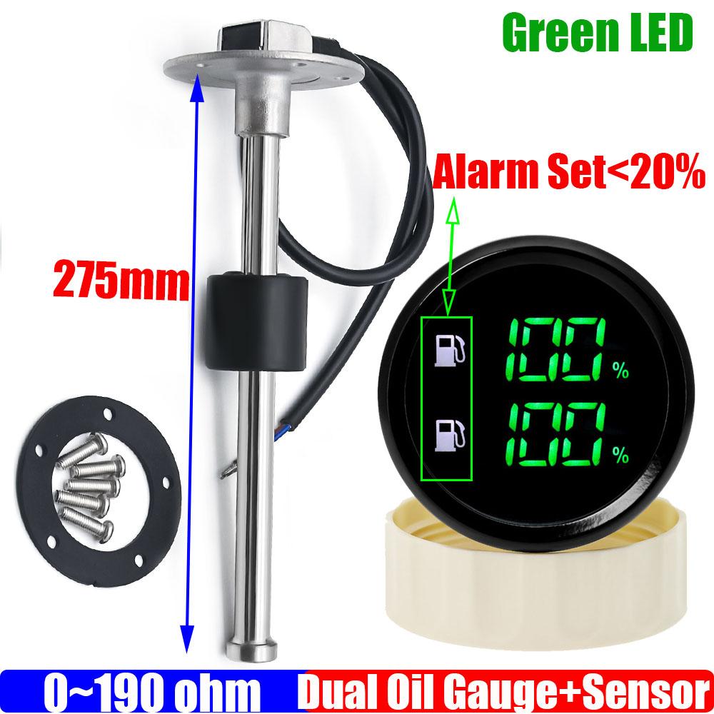 Green LED Digital Dual Gauge with Alarm 52MM Dual Fuel Level Gauge for Fuel Level Sensor 0-190ohm Oil Tank Meter Boat Car Custom
