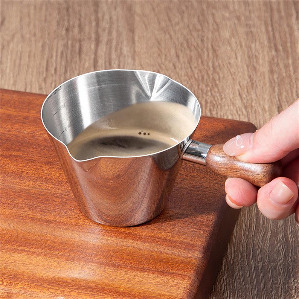 Walnut Handle Espresso Shot Glass 120ML Stainless Steel Measuring Cup With Spout And Scale For Barista