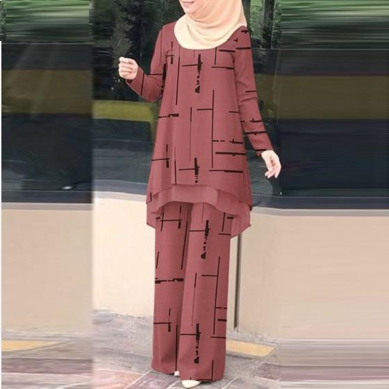 Women's Muslim Daily Double-Layer Vertical Stripe Chiffon Set with Elastic Waistband