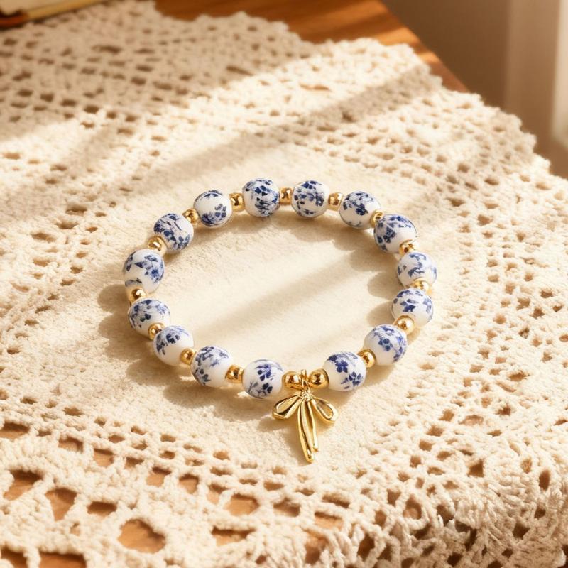 Boho Style Handmade Baroque Pearl Bracelet Ceramic Beads Blue White Porcelain Cross Jewelry for Party Accessory
