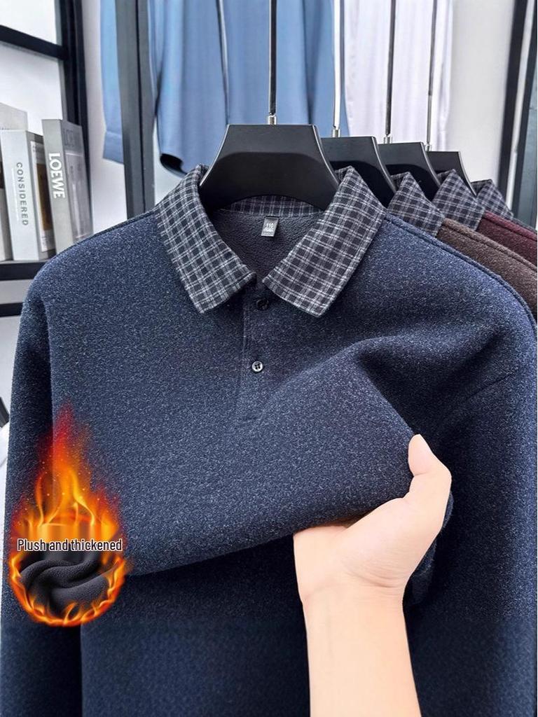 2025 Fall/Winter Men's Faux Two-Piece Sweater - Plus Velvet, Solid Color, Warm Knit Base Layer for Middle-Aged Dads