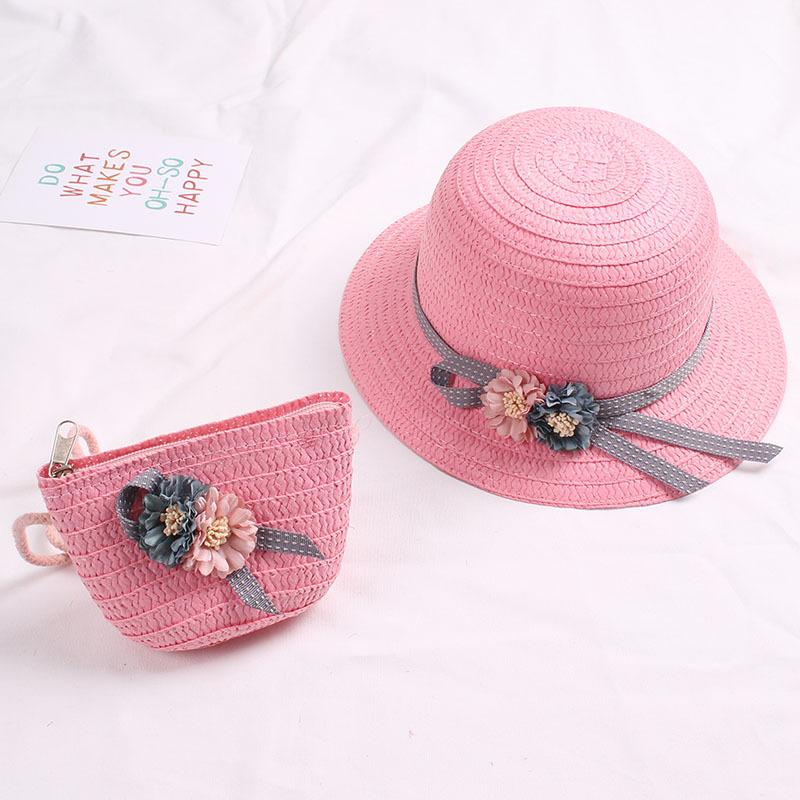 Cute Bowknot Flower Kids Straw Hat + Straw Crossbody Bag Set Baby Outdoor Sun Hat Summer Beach Straw Cap Straw Rattan Bag