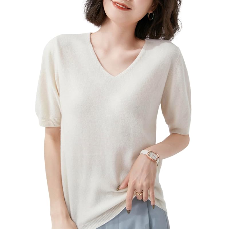 

[BN1 select] knit short sleeve ladies spring summer autumn clothes Beautiful sweater V-neck tops women s clothing 30s 40s 50s white white BN276 WHT M