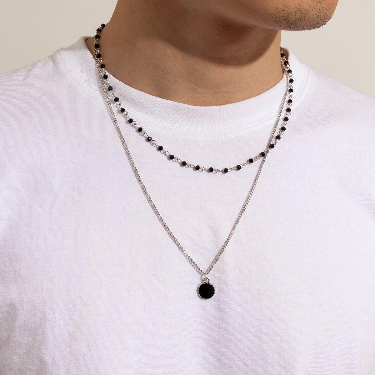 

2Pcs Gothic Beads Metal Silver Color Chain Necklace for Men Trendy Punk Black Coin Pendant Choker Male Y2K Jewelry Accessories