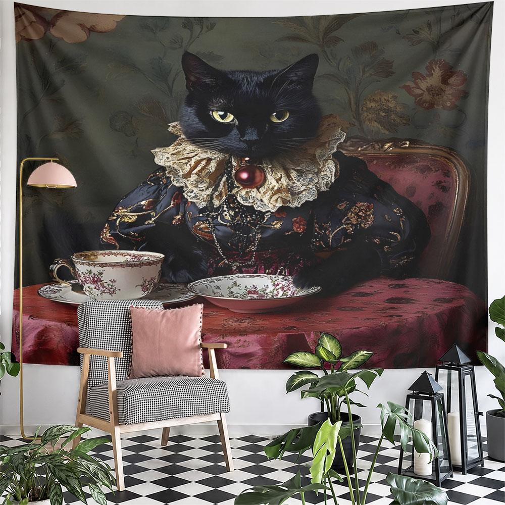 "Regal Black Cat with Victorian Attire" Pattern Wall Hanging Tapestry Decorative Tapestry Home Decor for Bedroom and Living Room